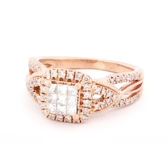 Diamond Engagement Ring Princess & Round 10K Rose Gold - Size 4,5,6,7 - Picture 2 of 12